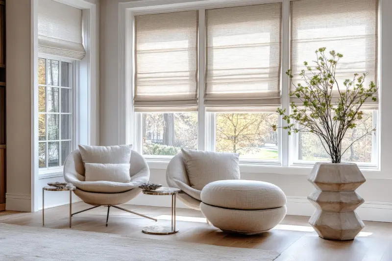 Cream roman shades on a bay of windows behind two boucle armchairs