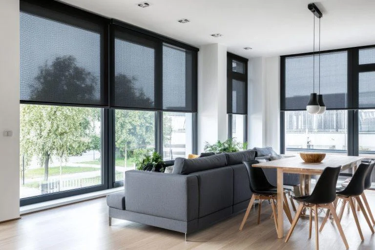 Dark solar screen shades on floor-to-ceiling windows in a modern living and dining room