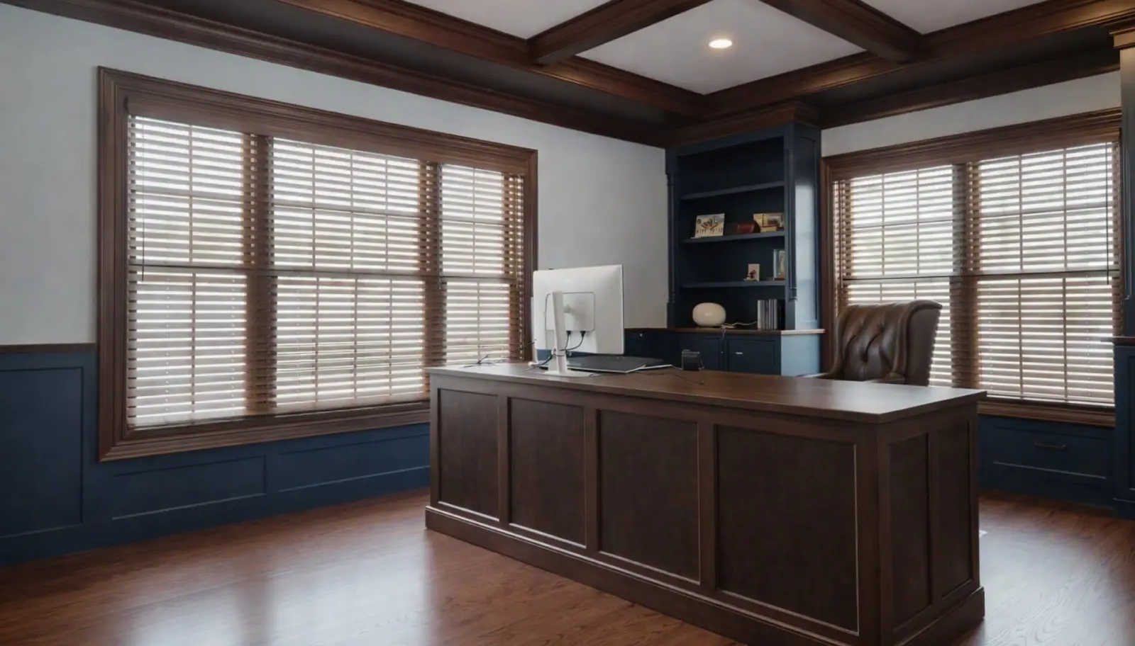 Dark wood blinds on two windows of a home office with a coffered ceiling and navy built-ins