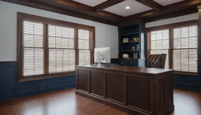 Dark wood blinds on two windows of a home office with a coffered ceiling and navy built-ins