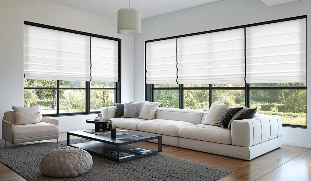 White roman shades on corner living room windows above a white sectional