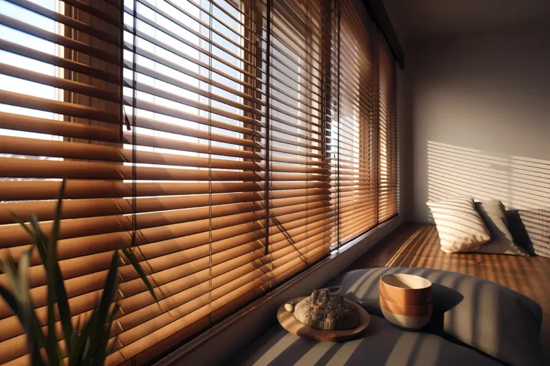 Wood-tone faux wood blinds casting light stripes across a cushioned window seat